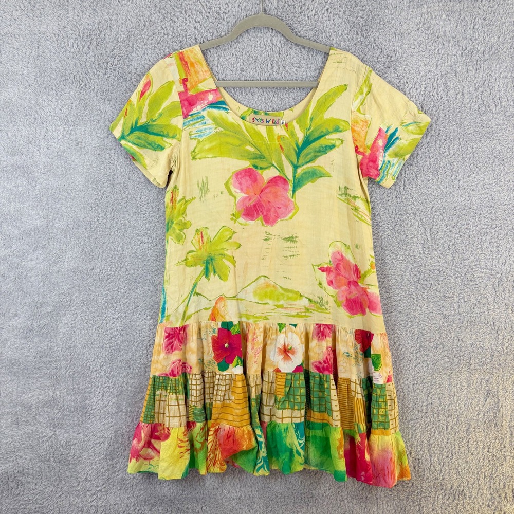 Jams World Hattie Dress Size M Yellow Lagoon Floral Print‎ Tiered Drop Waist